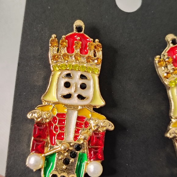 🥁Holiday Drummer Boy Stud Hanging Earrings w/Rhinestones 2.25" - Picture 3 of 5